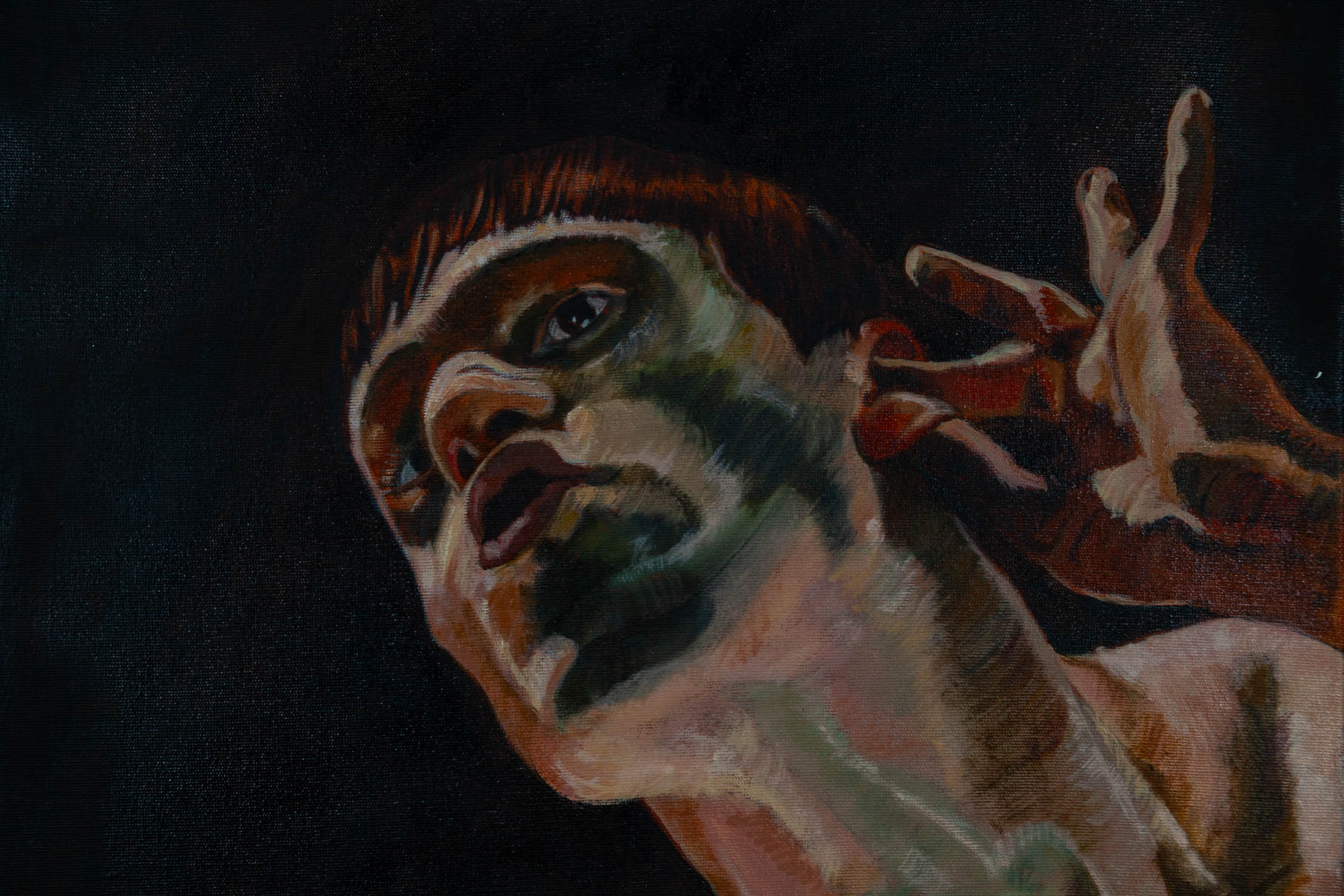 Painting of a reclining figure looking upward with one hand raised.
